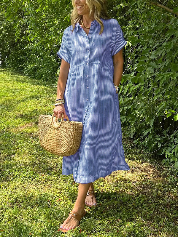 NEW🔥2025 Summer Striped Lapel Button Down Shirt Dress