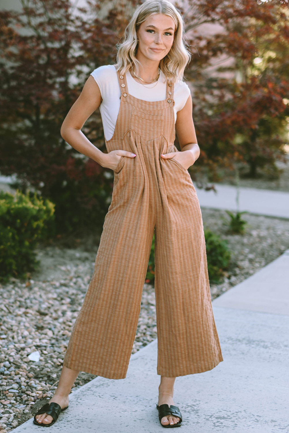 Brown/Coffee Striped Pleated Wide Leg Pocketed Jumpsuit