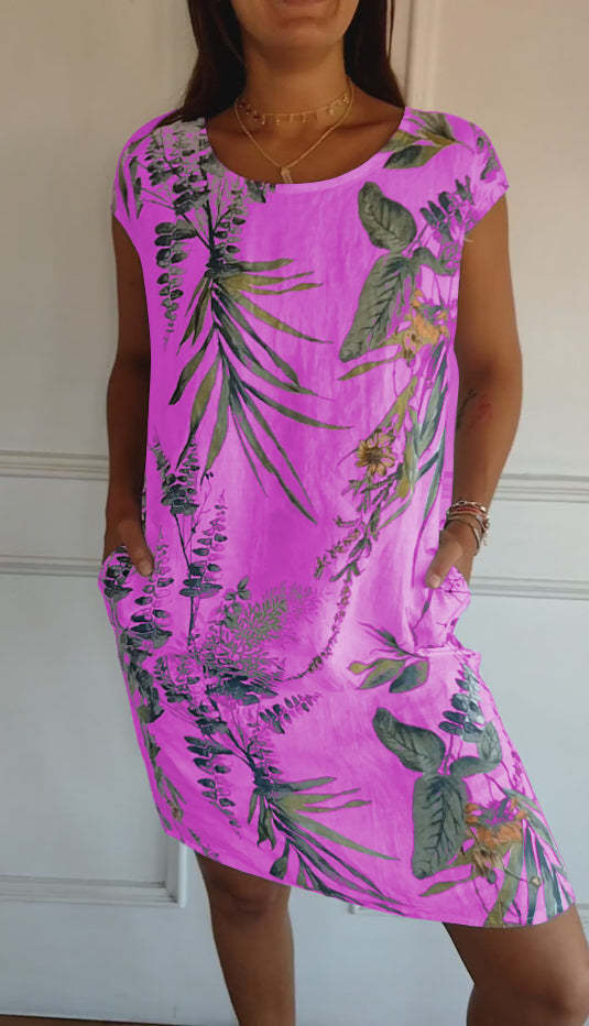 Ladies Casual Cotton and Linen Round Neck Printed Dress