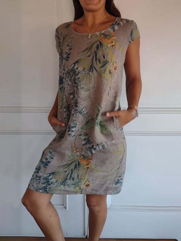 Ladies Casual Cotton and Linen Round Neck Printed Dress