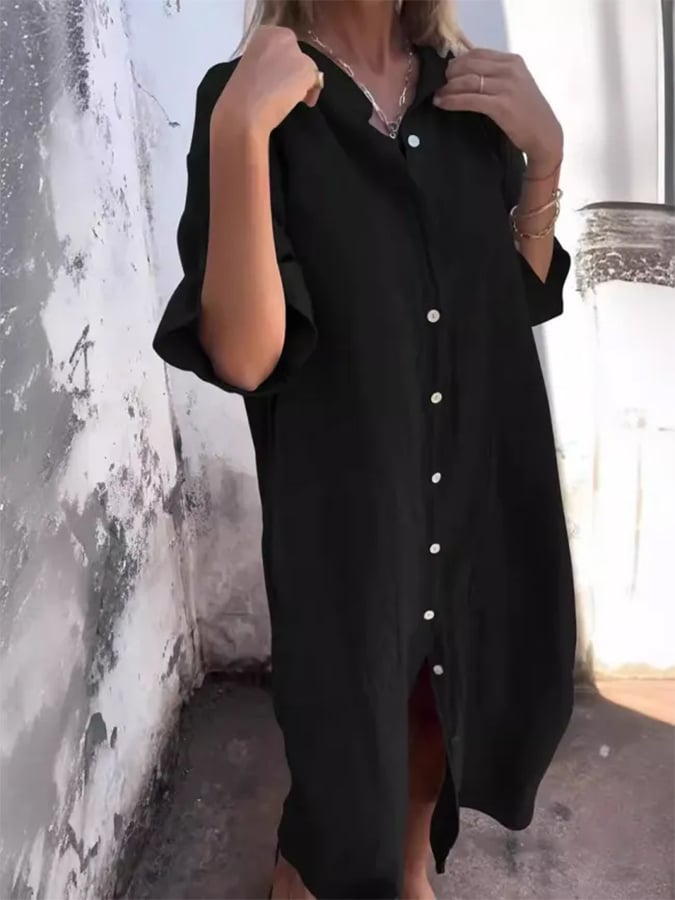 Women's Loose Casual Mid-Sleeve Cotton And Linen Shirt Dress