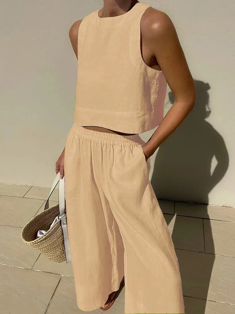 Casual Summer Two Piece Set Women Outfit 2024 White Solid Loose Tank Crop Top Wide Leg Pants Suits Chic And Elegant Woman Sets