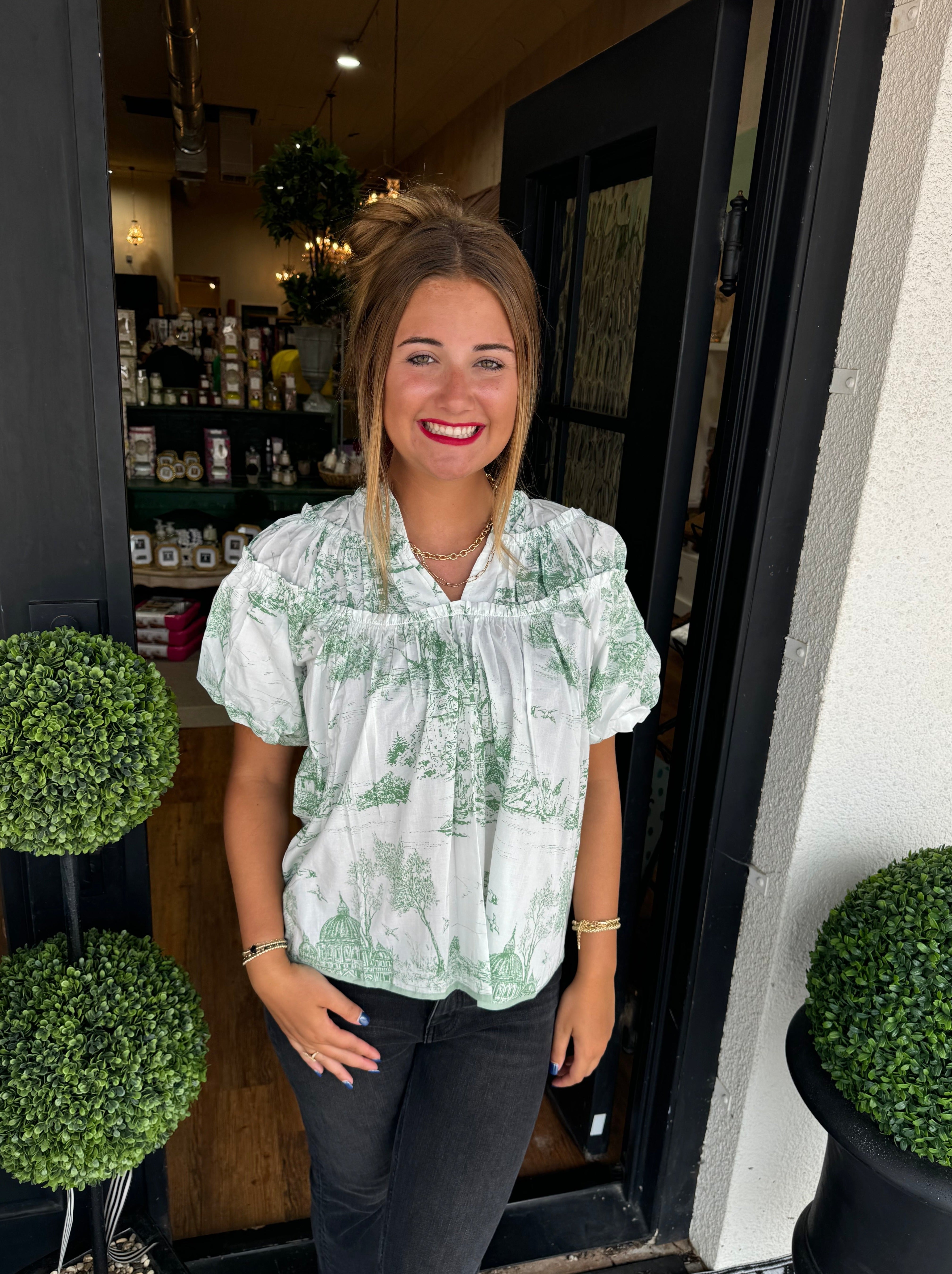 V-neck puff sleeve printed short-sleeved shirt