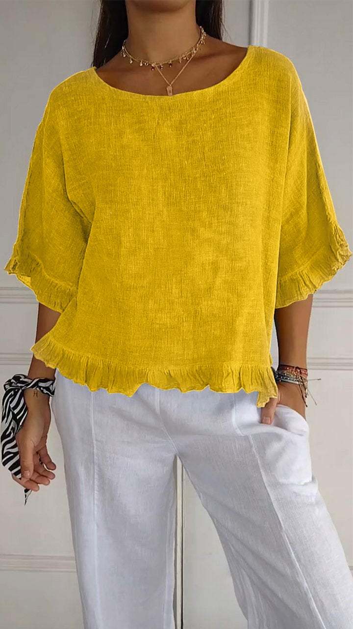 2025 New women's Round Neck Ruffled Hem Mid-sleeve Cotton and Linen Tops