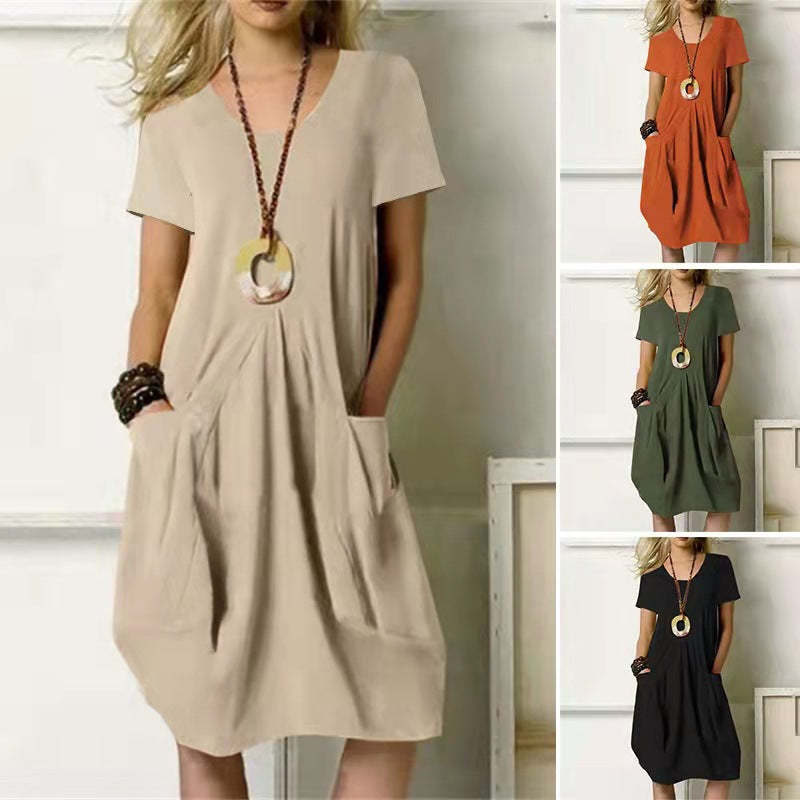 Fashion Round Neck Short Sleeve Pocket Loose Knee Length Women's Dresses