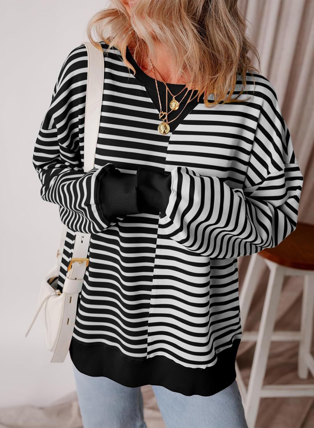 2024 Women's Striped Colorblock Large Size Round Neck Sweatshirt