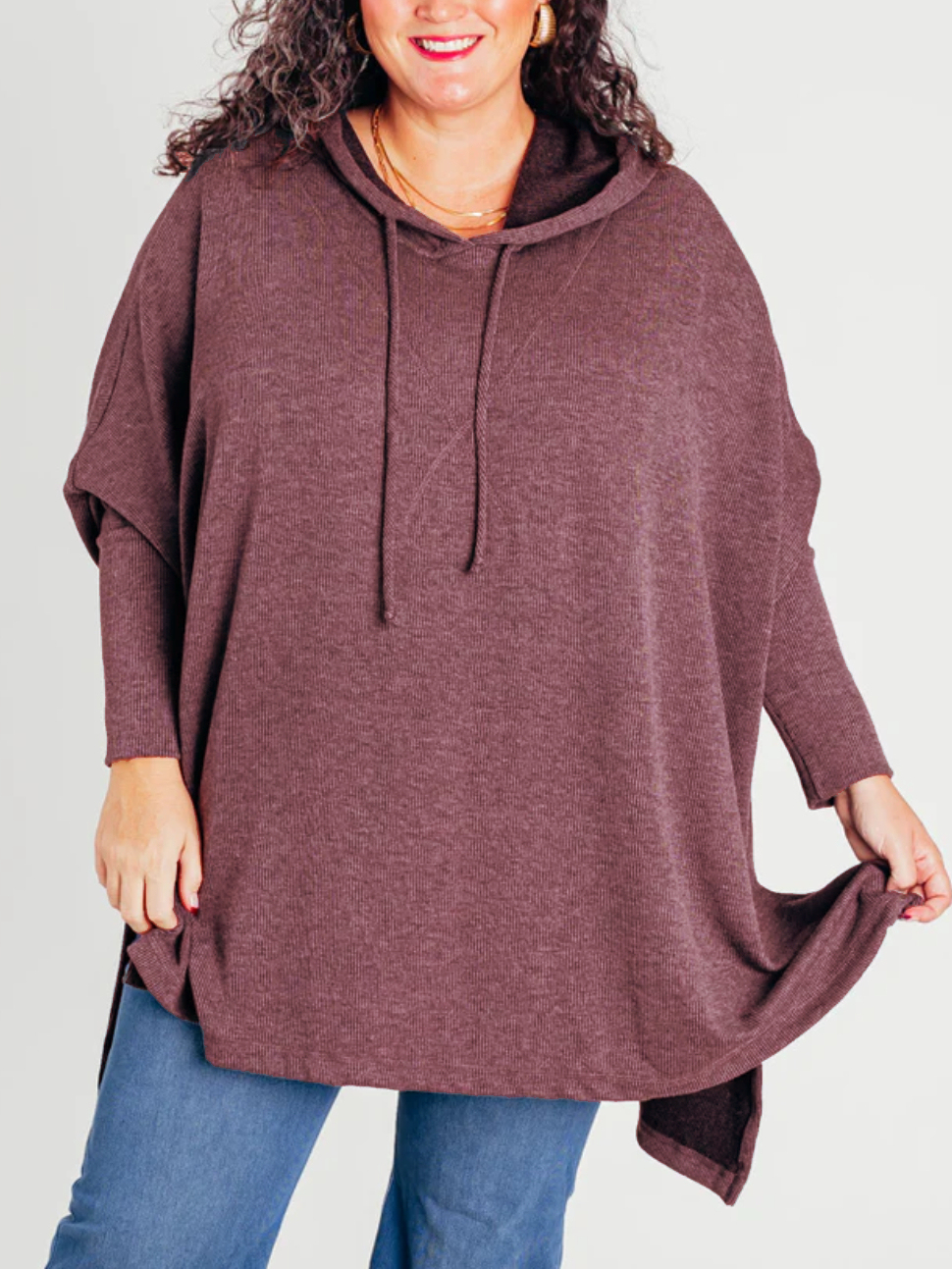 🍁Early Fall Oversized Bat Sleeve Hooded Ribbed Pullover