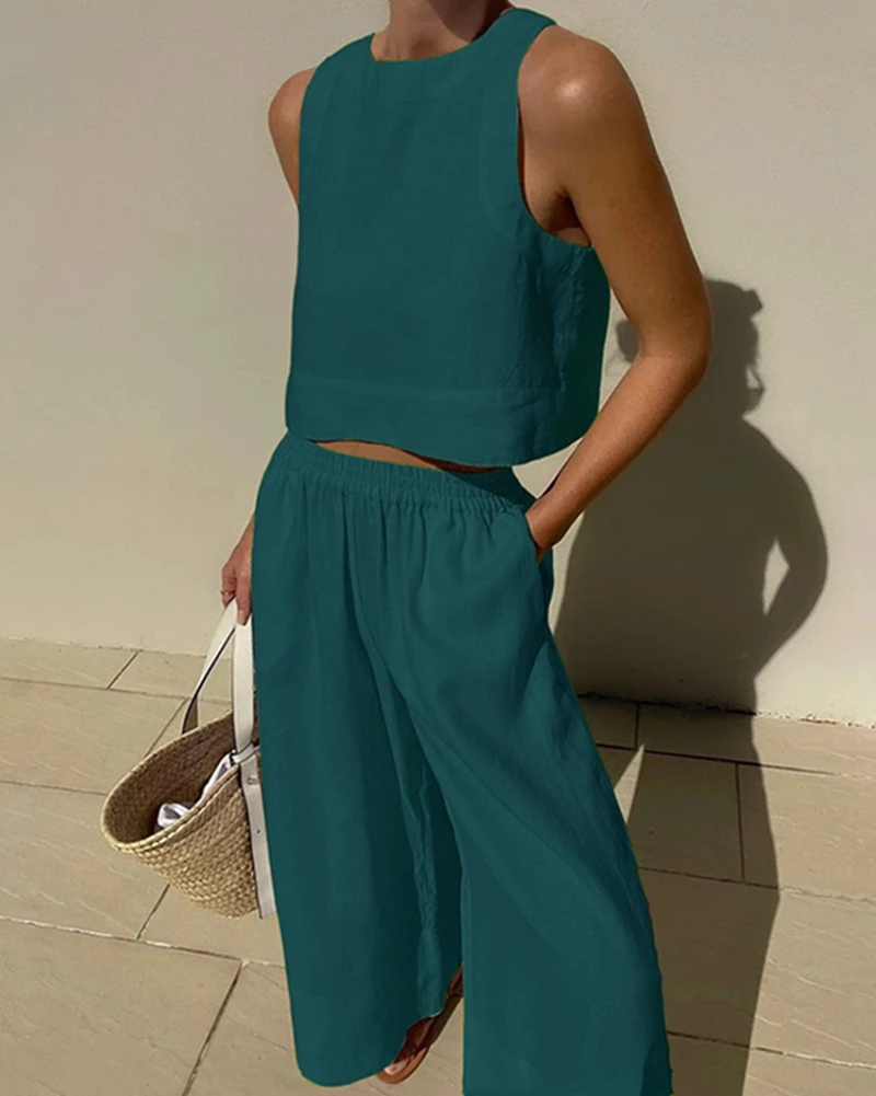 Casual Summer Two Piece Set Women Outfit 2024 White Solid Loose Tank Crop Top Wide Leg Pants Suits Chic And Elegant Woman Sets