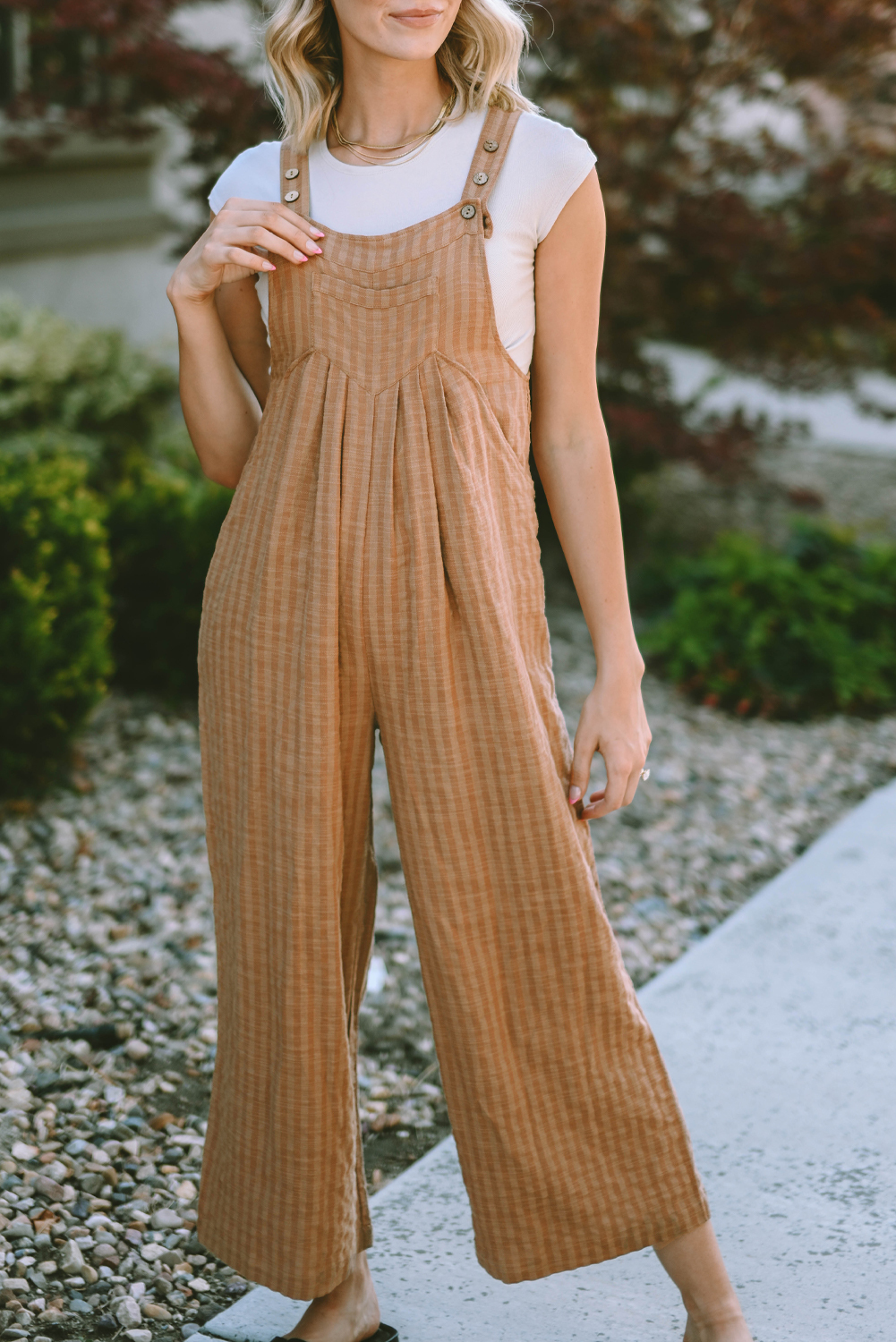 Brown/Coffee Striped Pleated Wide Leg Pocketed Jumpsuit