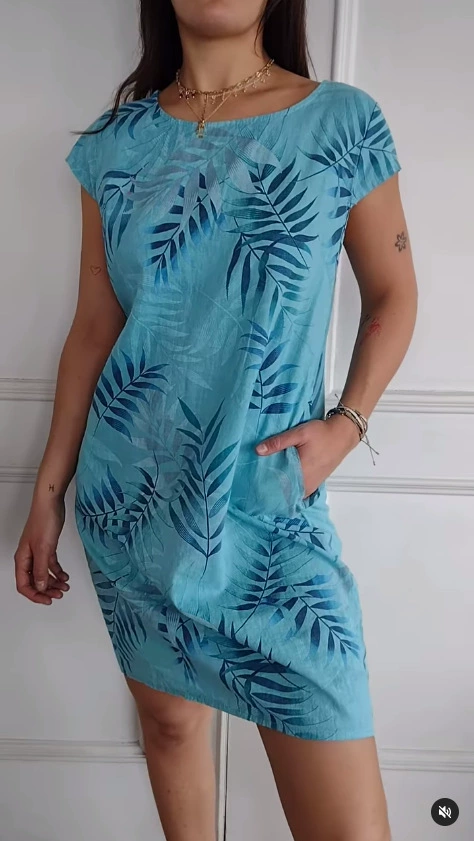 Ladies Casual Cotton and Linen Round Neck Printed Dress