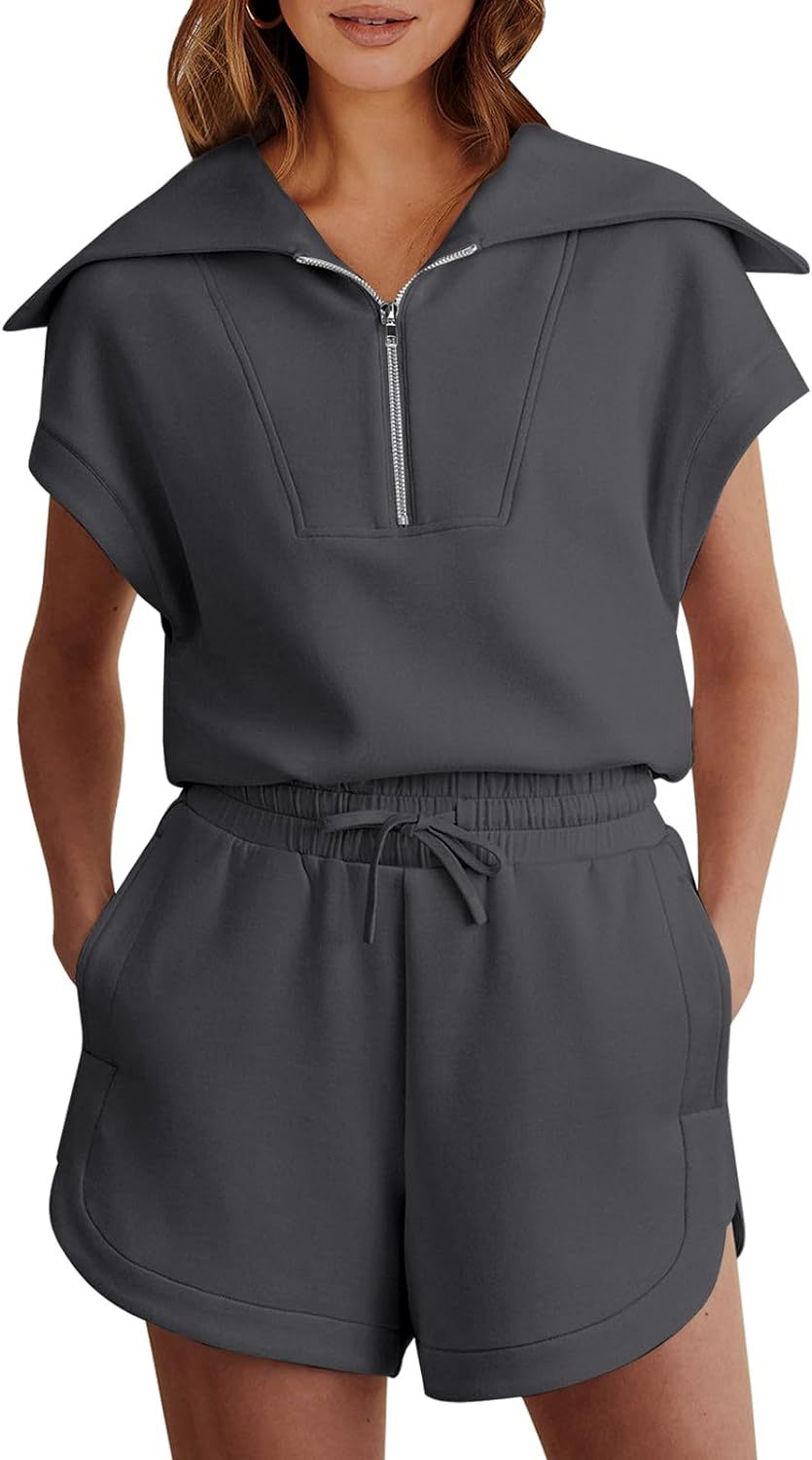 ANRABESS Two Piece Sets for Women Summer Half Zip Short Set Sweatsuit 