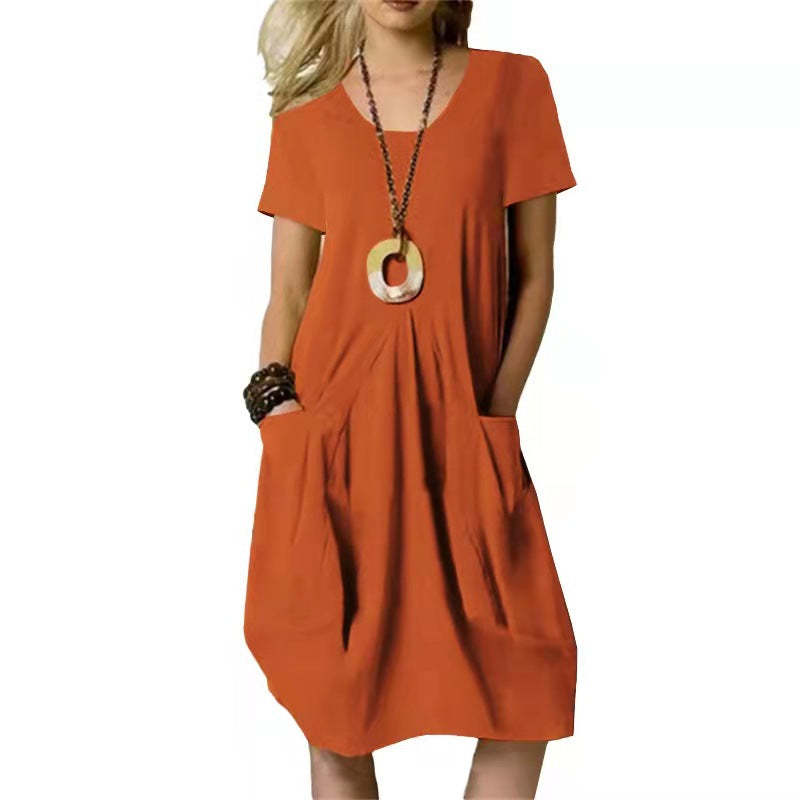 Fashion Round Neck Short Sleeve Pocket Loose Knee Length Women's Dresses