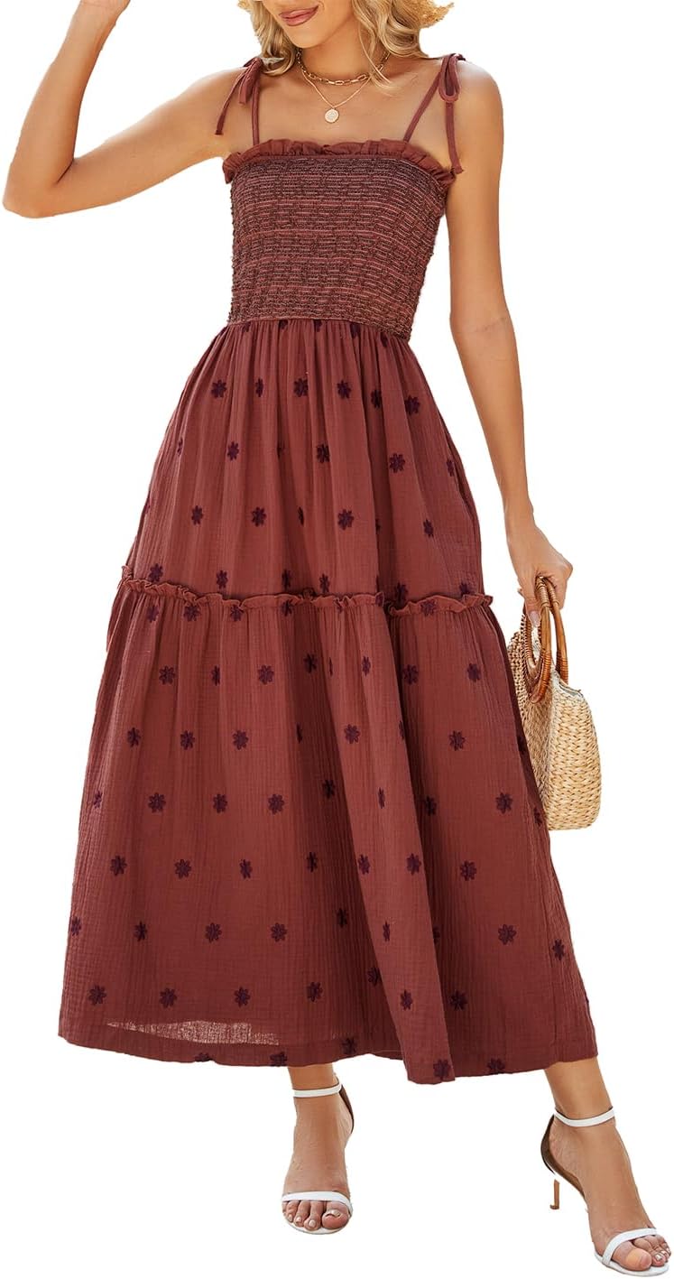 Women Floral Embroidered Maxi Dress Sleeveless Tie Shoulder Smocked Flowy Dress Boho Summer Sundresses with Pockets