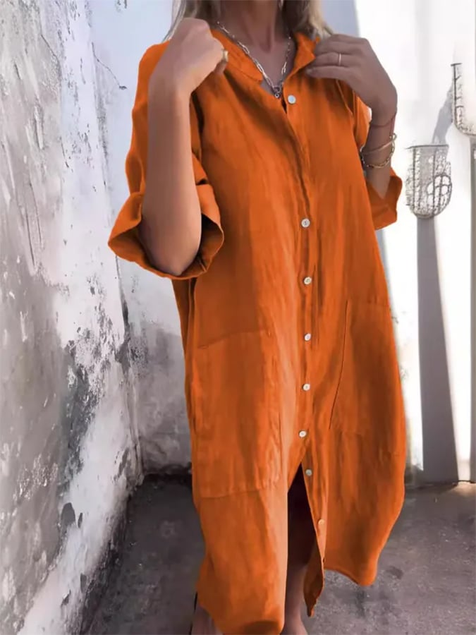 Women's Loose Casual Mid-Sleeve Cotton And Linen Shirt Dress