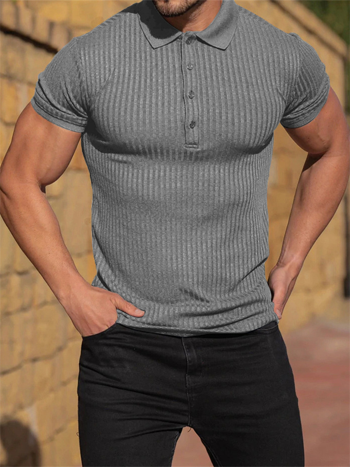 Men's Summer Sports Fitness Leisure Stretch Vertical Stripes Solid Color Short-sleeved Polo Shirt