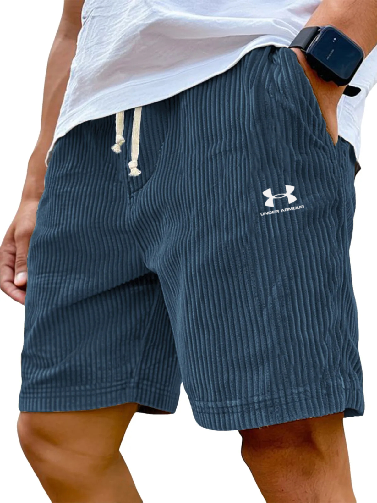 Men's Stylish Ribbed Vertical Striped Corduroy Loose Lace-up Casual Shorts