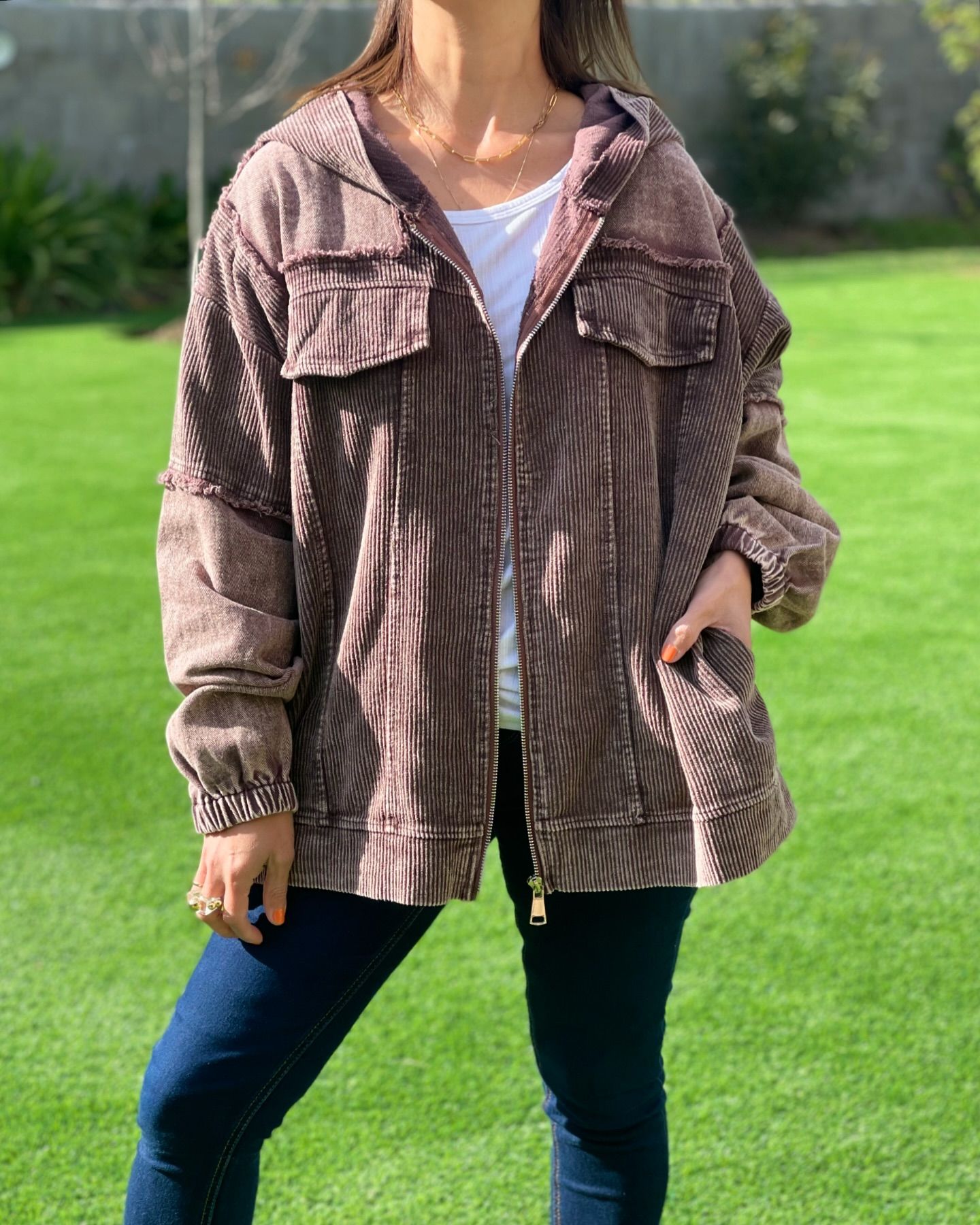 Women's fall and winter hooded vintage corduroy denim patchwork jacket