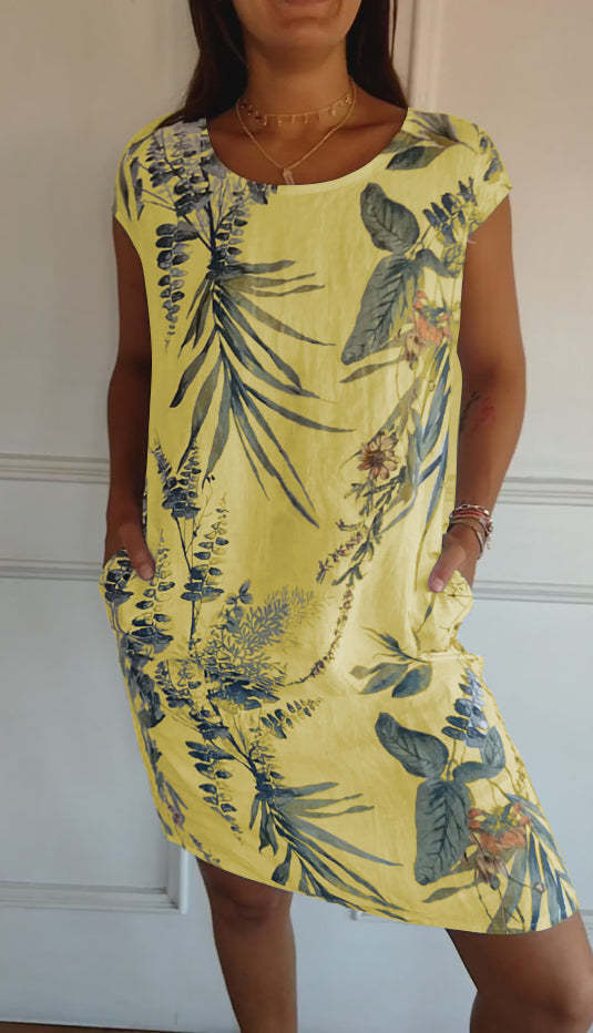 Ladies Casual Cotton and Linen Round Neck Printed Dress