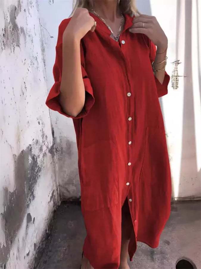 Women's Loose Casual Mid-Sleeve Cotton And Linen Shirt Dress