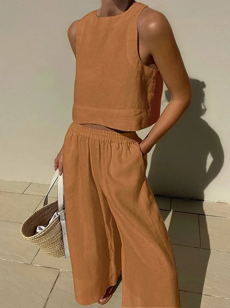 Casual Summer Two Piece Set Women Outfit 2024 White Solid Loose Tank Crop Top Wide Leg Pants Suits Chic And Elegant Woman Sets