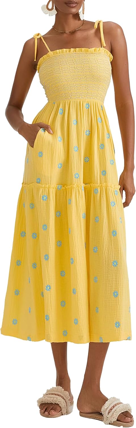 Women Floral Embroidered Maxi Dress Sleeveless Tie Shoulder Smocked Fl