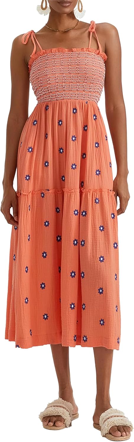 Women Floral Embroidered Maxi Dress Sleeveless Tie Shoulder Smocked Flowy Dress Boho Summer Sundresses with Pockets