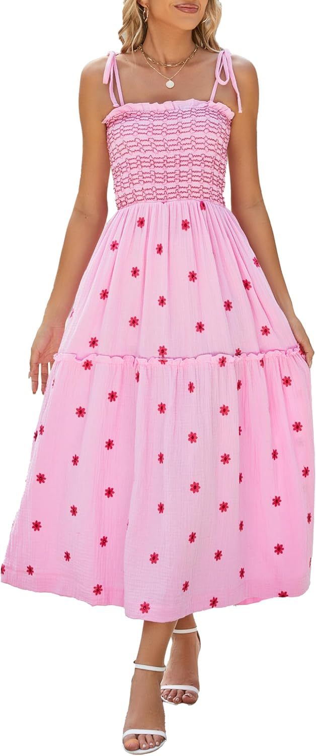 Women Floral Embroidered Maxi Dress Sleeveless Tie Shoulder Smocked Flowy Dress Boho Summer Sundresses with Pockets