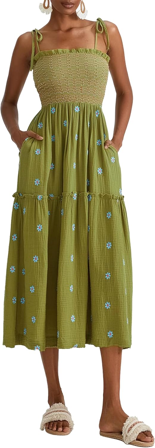 Women Floral Embroidered Maxi Dress Sleeveless Tie Shoulder Smocked Flowy Dress Boho Summer Sundresses with Pockets