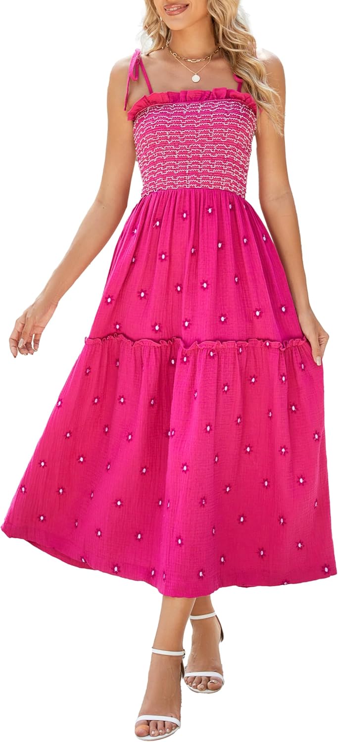 Women Floral Embroidered Maxi Dress Sleeveless Tie Shoulder Smocked Flowy Dress Boho Summer Sundresses with Pockets