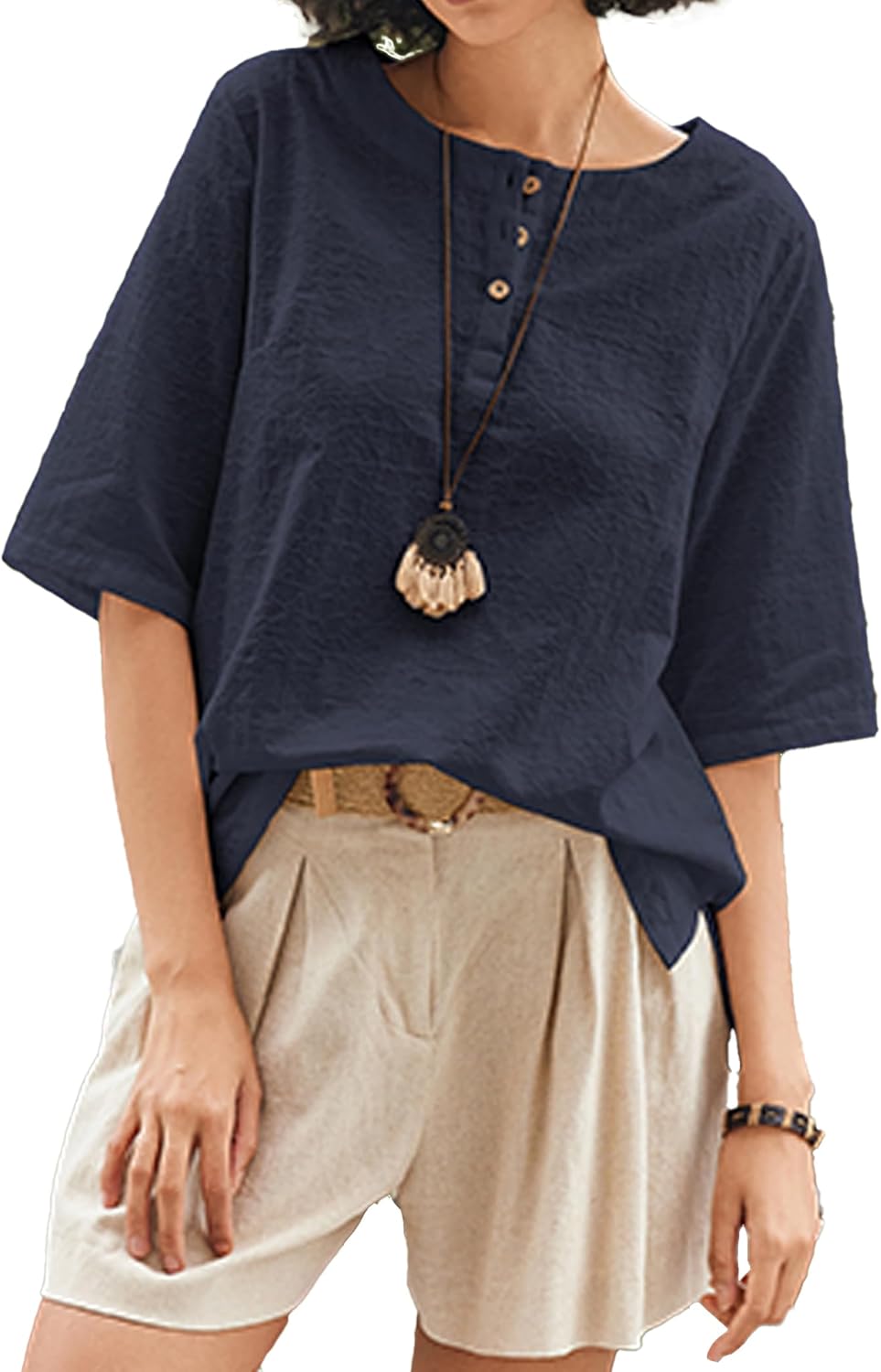 Linen Tops for Women 3/4 Sleeve Crew Neck Cotton Shirts 