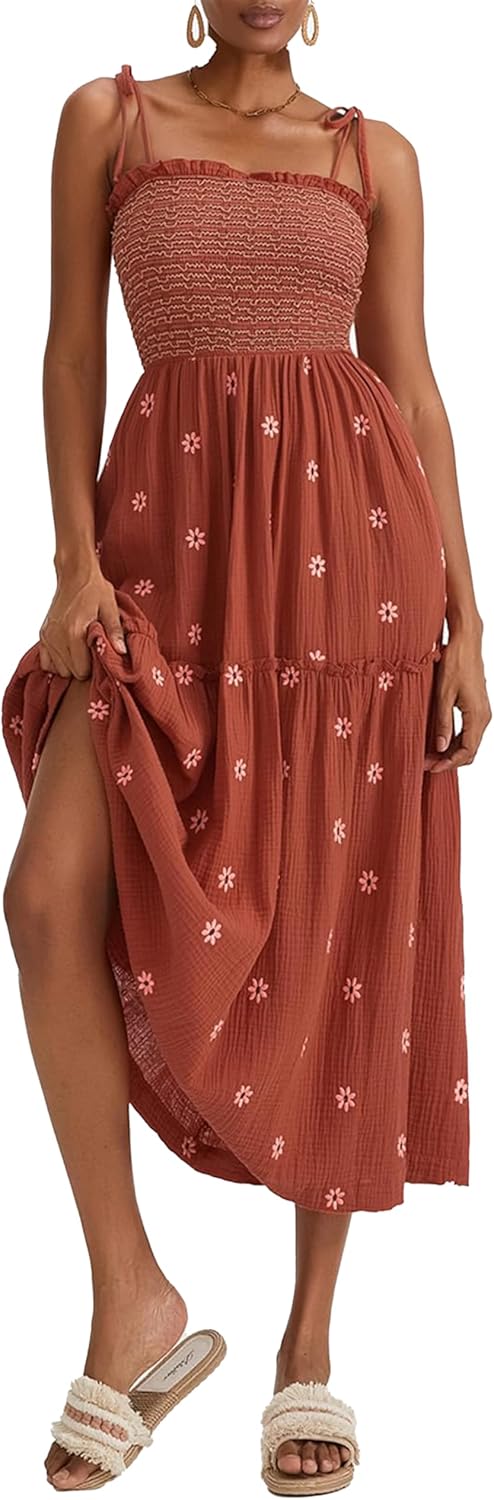 Women Floral Embroidered Maxi Dress Sleeveless Tie Shoulder Smocked Flowy Dress Boho Summer Sundresses with Pockets