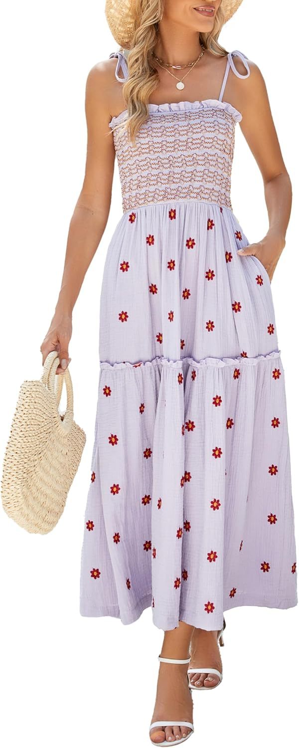 Women Floral Embroidered Maxi Dress Sleeveless Tie Shoulder Smocked Flowy Dress Boho Summer Sundresses with Pockets