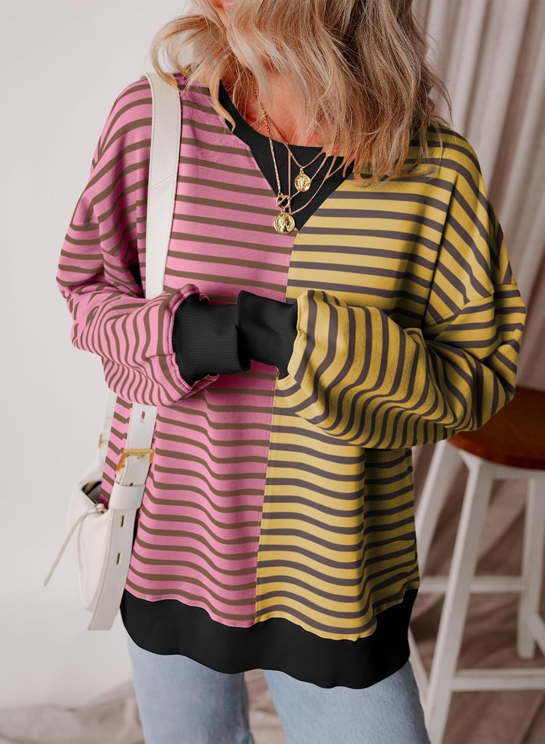 2024 Women's Striped Colorblock Large Size Round Neck Sweatshirt