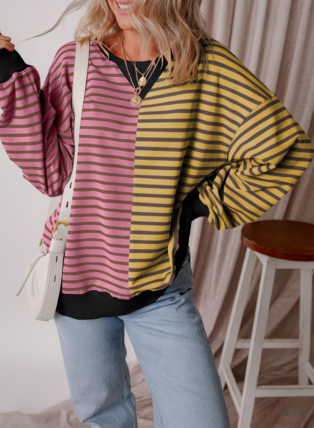 2024 Women's Striped Colorblock Large Size Round Neck Sweatshirt