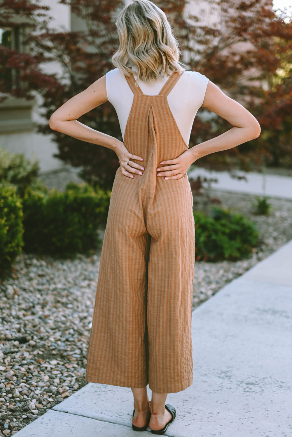 Brown/Coffee Striped Pleated Wide Leg Pocketed Jumpsuit