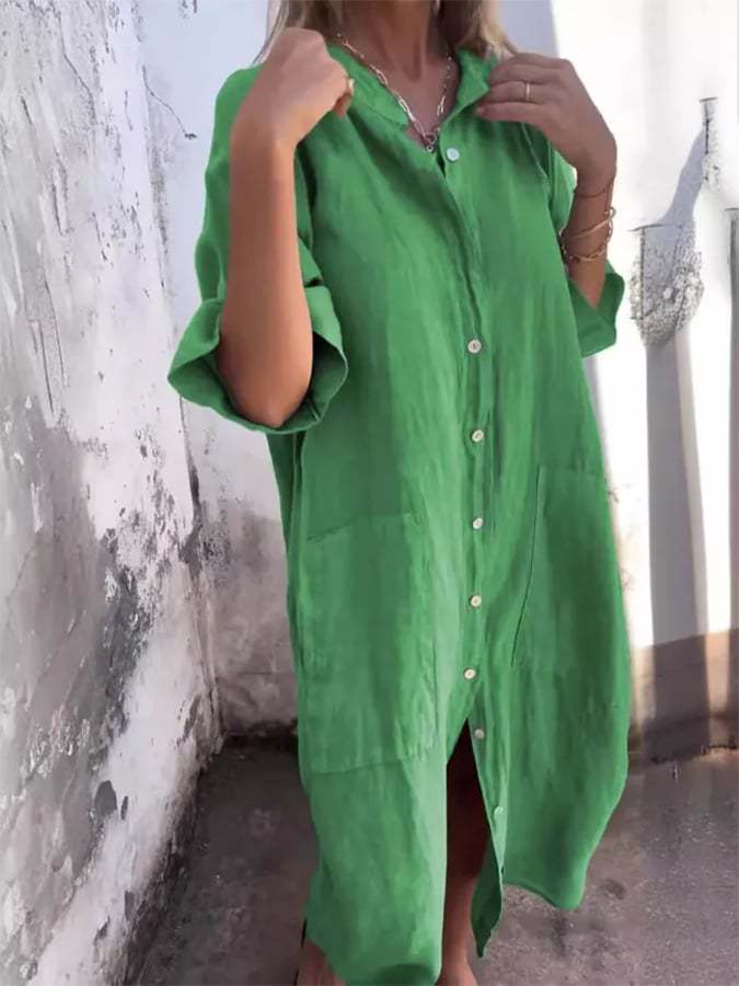 Women's Loose Casual Mid-Sleeve Cotton And Linen Shirt Dress