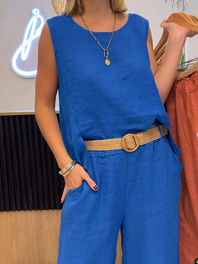 Women's Casual Solid Color Round Neck Vest Trousers Cotton and Linen Two-piece Set