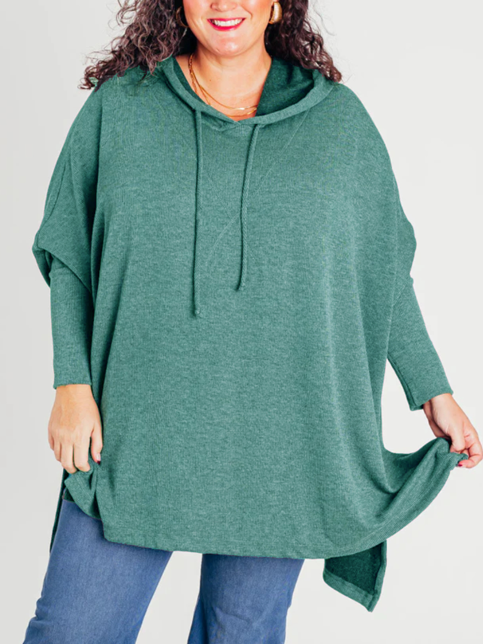 🍁Early Fall Oversized Bat Sleeve Hooded Ribbed Pullover