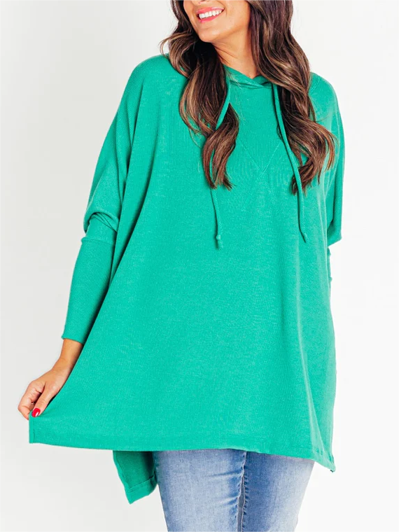 🍁Early Fall Oversized Bat Sleeve Hooded Ribbed Pullover