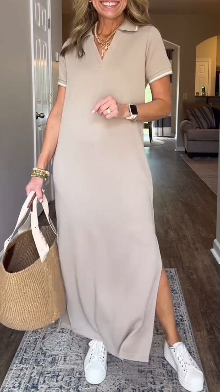 Women's summer casual lapel slit long casual dress