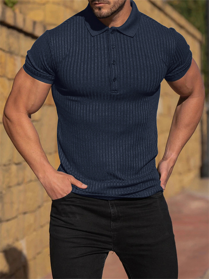 Men's Summer Sports Fitness Leisure Stretch Vertical Stripes Solid Color Short-sleeved Polo Shirt