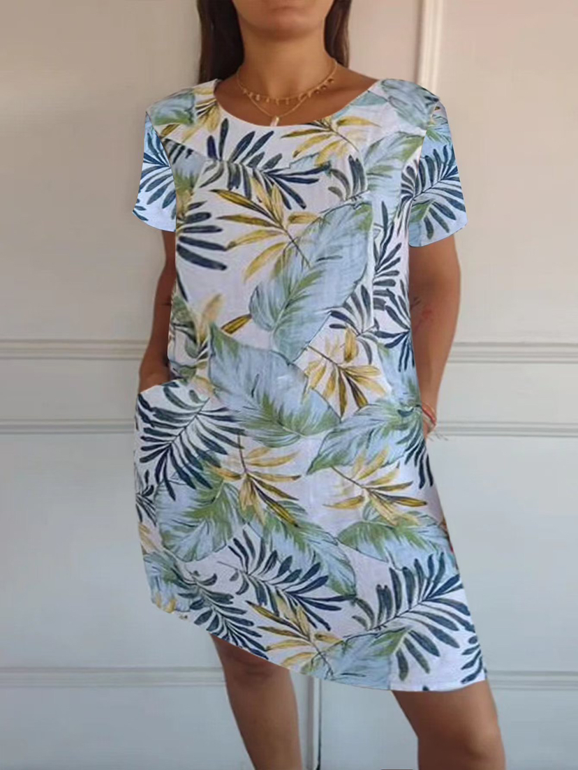 Ladies Casual Cotton and Linen Round Neck Printed Dress