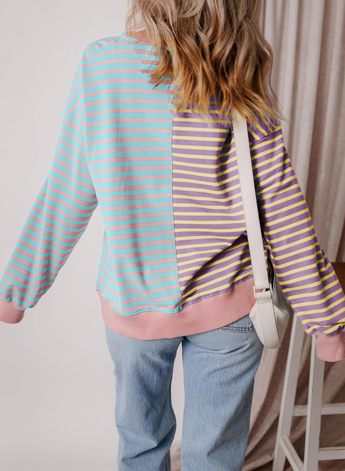 2024 Women's Striped Colorblock Large Size Round Neck Sweatshirt