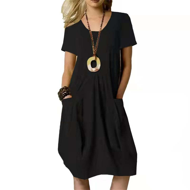 Fashion Round Neck Short Sleeve Pocket Loose Knee Length Women's Dresses