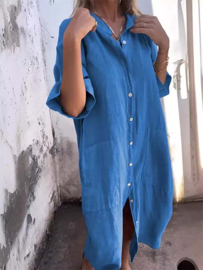 Women's Loose Casual Mid-Sleeve Cotton And Linen Shirt Dress
