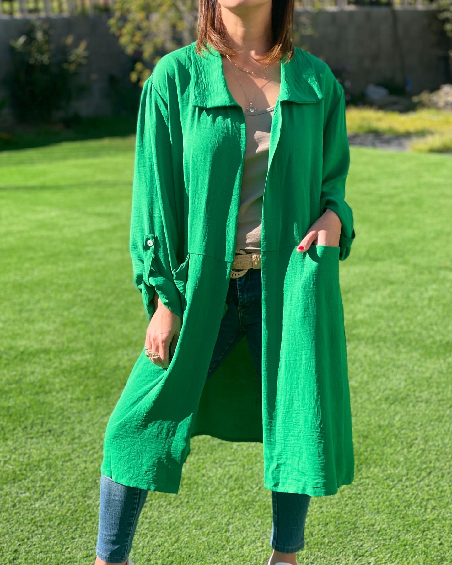 Women's Large Lapel Pocket Midi Cardigan Shirt