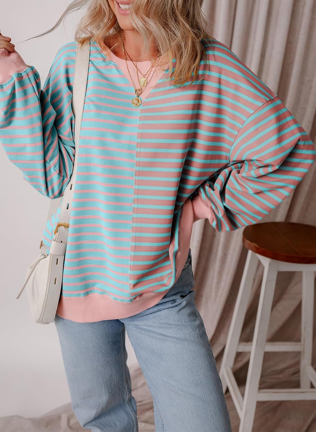 2024 Women's Striped Colorblock Large Size Round Neck Sweatshirt