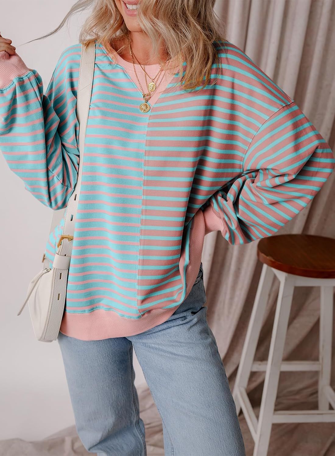2024 Women's Striped Colorblock Large Size Round Neck Sweatshirt