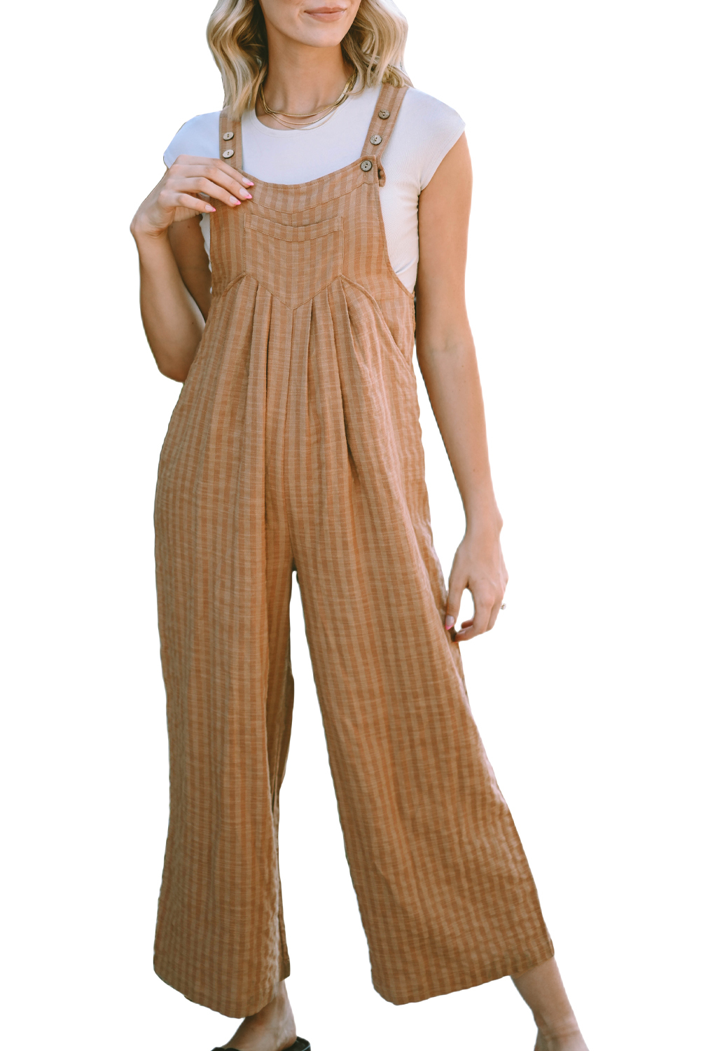 Brown/Coffee Striped Pleated Wide Leg Pocketed Jumpsuit