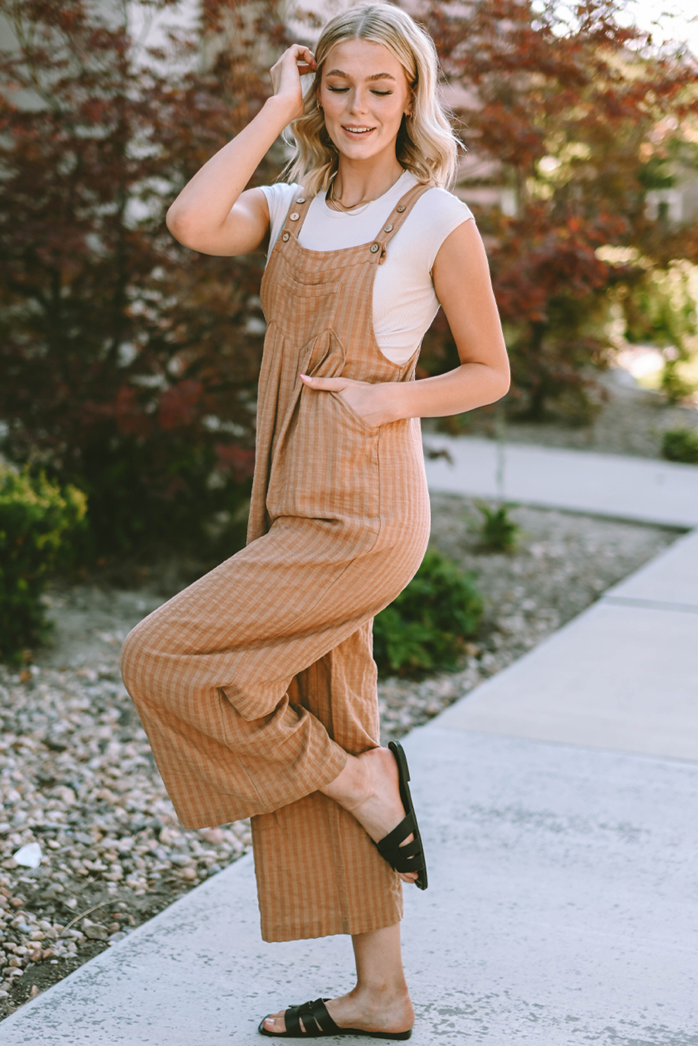 Brown/Coffee Striped Pleated Wide Leg Pocketed Jumpsuit